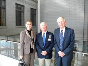 Pictured at the Naturalization Ceremony reception are Dr. Tamara Nichols Rodenburg, Chapter genealogist Gary Auber and Judge Stamp