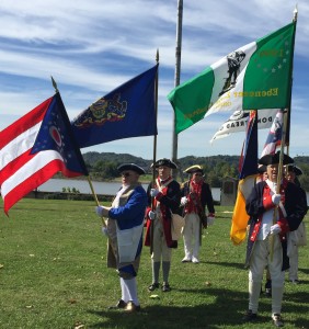 Pictured in the SAR color guard at Battle Days, October 4, 2015 are Compatriots Gary Timmons (bearing the Pennsylvania state flag) and Merle Tomlinson, president of the Ebenezer Zane Chapter, St. Clairsville, OH (bearing the green and white chapter flag)