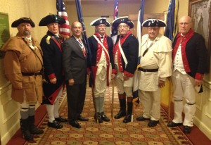 Combined Color Guard, left to right: Don Brown, Capt. James Neal Chapter, (WV); Larry Perkins, Ebenezer Zane Chapter (OH); NSSAR President General Lindsay C. Brock; Gary Timmons, George Washington Chapter (PA); Ted Cox and Ronald Barnes,Capt. James Neal Chapter (WV); Jack Coles, Point Pleasant Chapter (WV)